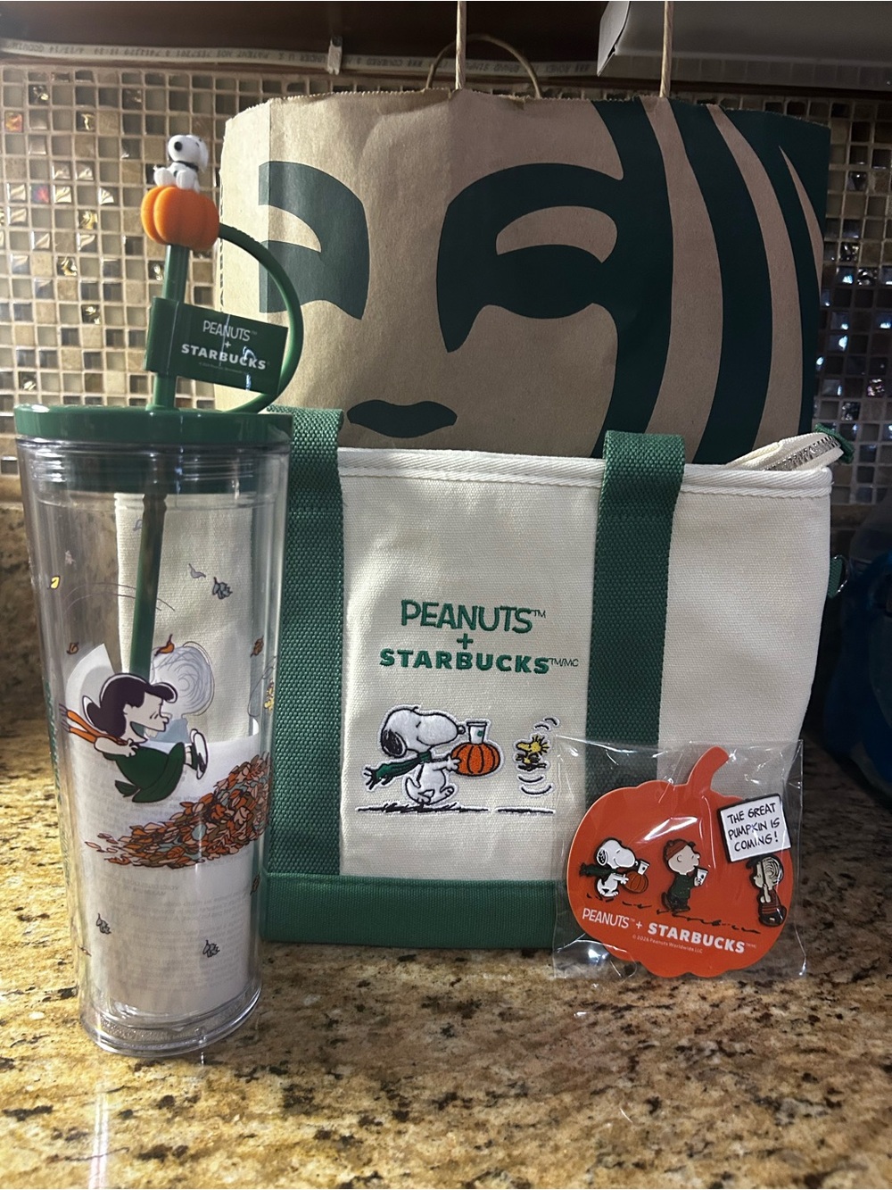 Starbucks Peanuts Starbucks tote and pin set & Peanuts Tumbler Set